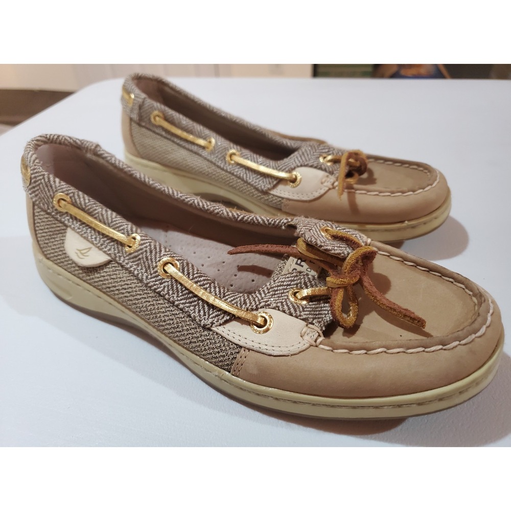 Sperry Top-Sider Angfish Boat Shoes Tan Leather Herringbone Gold STS90241 7M